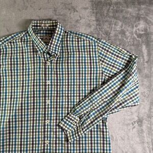 Peter Millar Button Down Shirt Mens Large Blue Green Check Plaid Long Sleeve